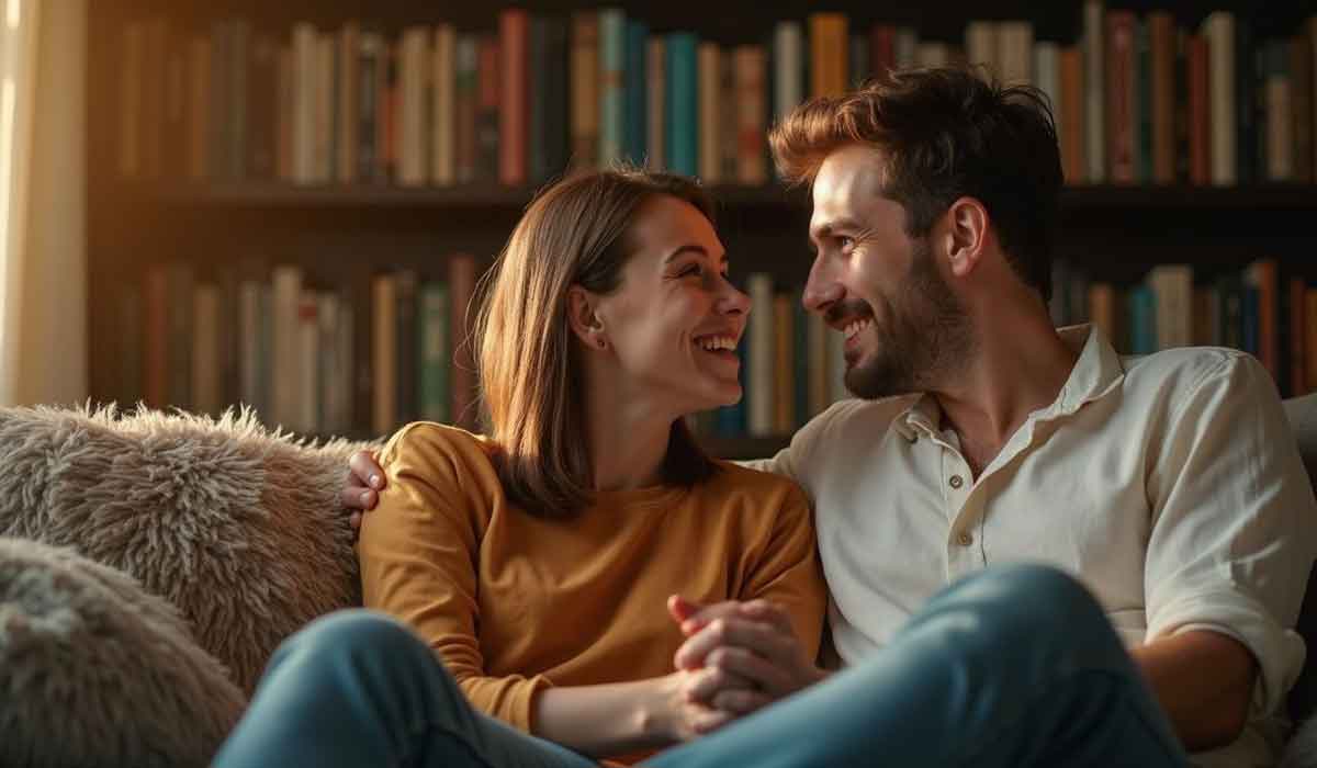 A couple sits close together on a couch, smiling and holding hands, with a bookshelf filled with books in the background.