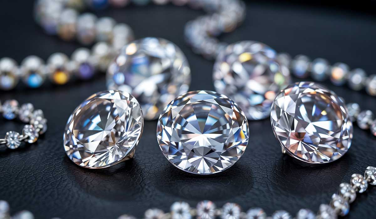 Five large, round-cut diamonds are displayed on a black surface, surrounded by pearl and diamond jewelry.
