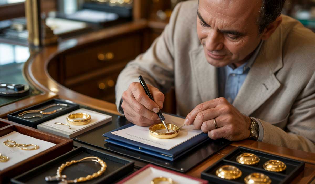 A man examines a gold medallion with a magnifying tool at a display counter surrounded by gold jewelry.