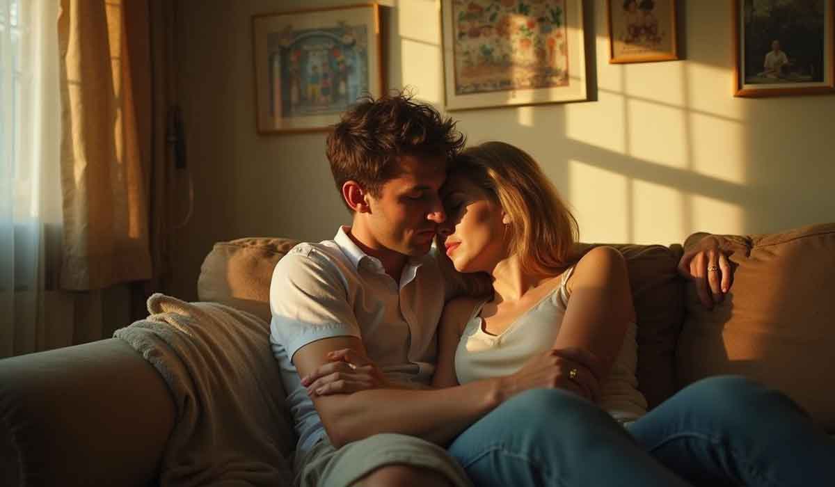 A couple sits close together on a beige couch in a warmly lit living room, with framed artwork on the wall behind them.