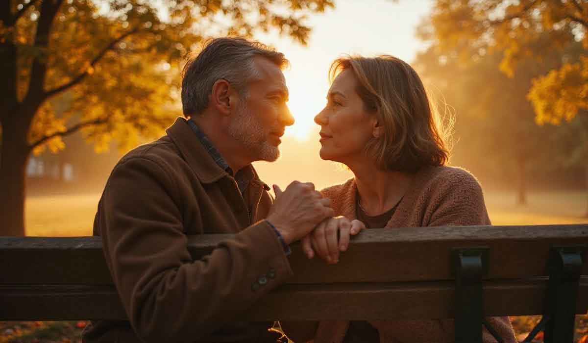 A man and woman sit closely on a park bench at sunset, looking into each other’s eyes, with autumn trees and warm light in the background.