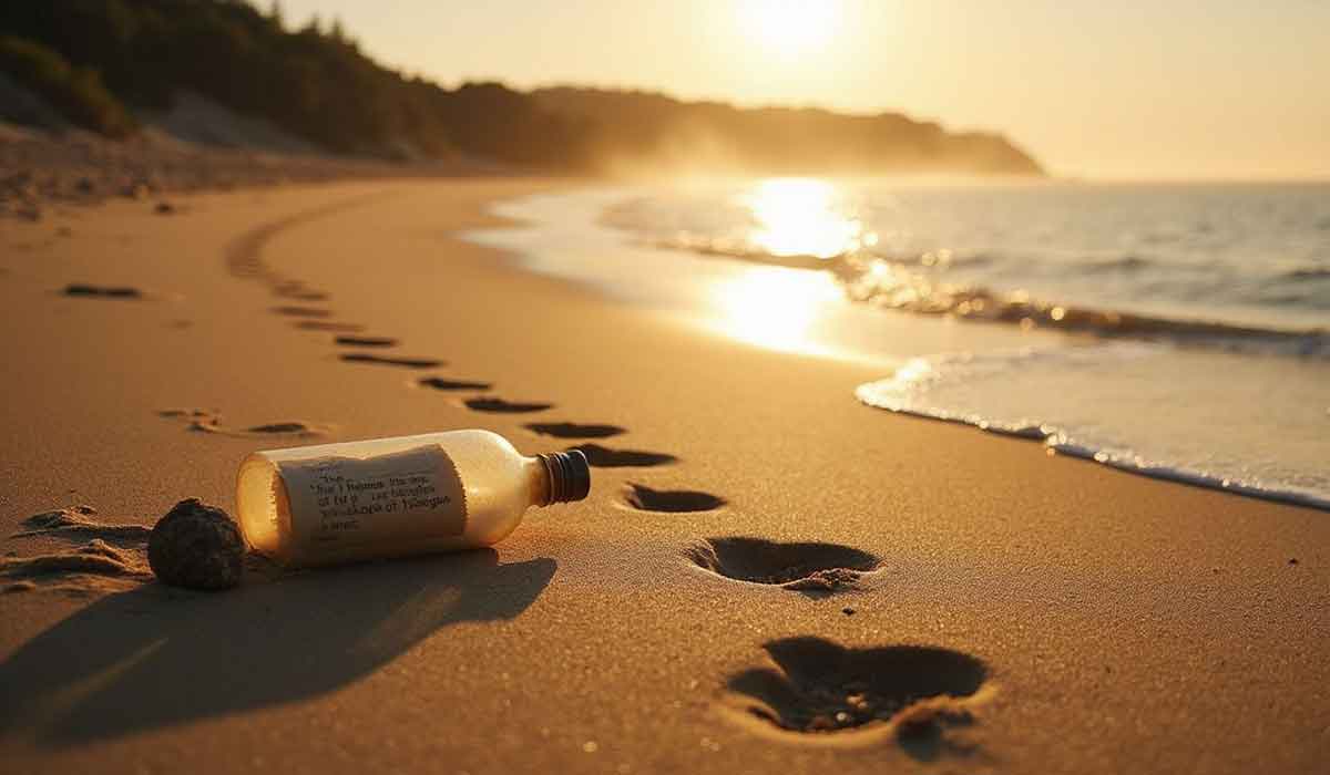 A bottle lies on sandy beach near the shoreline at sunset, with footprints leading past it and trees in the distance.