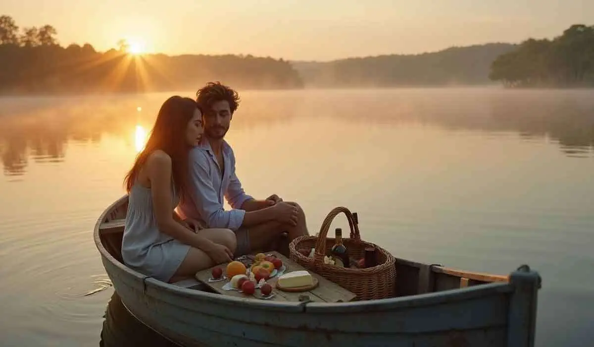 A couple sits in a small rowboat on a calm lake at sunset, with a picnic basket, fruit, and cheese in front of them. Mist rises from the water and trees line the distant shore.