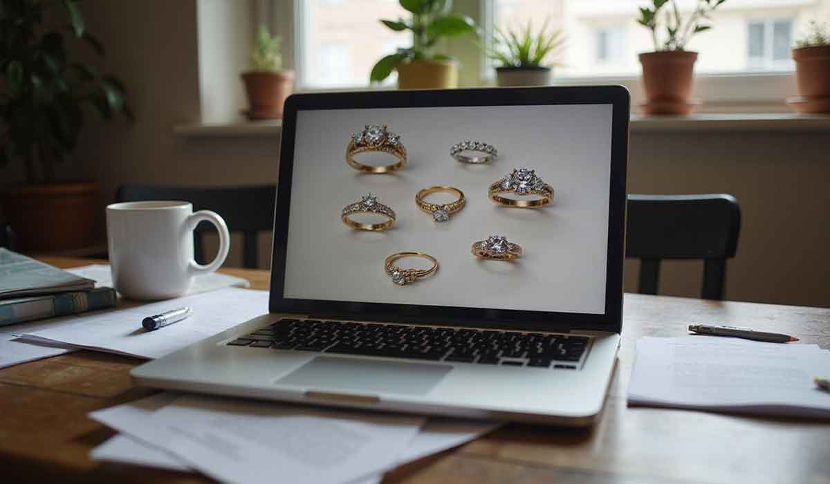 A laptop on a desk displays an image of seven gold diamond rings. A coffee mug, papers, and potted plants are also visible in the background.