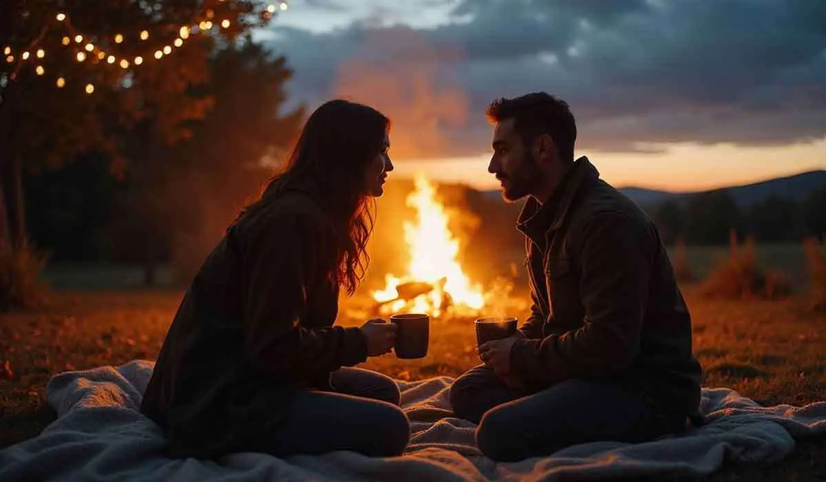 Two people sit on a blanket facing each other, holding mugs, with a campfire and string lights behind them at sunset.