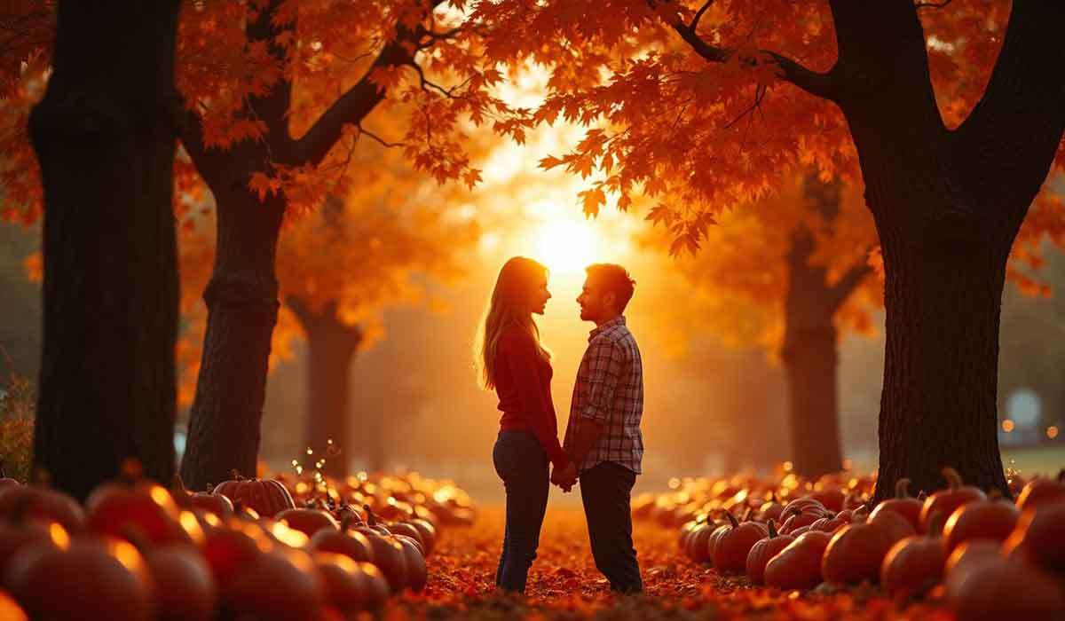 A couple stands facing each other, holding hands, in a tree-lined path filled with pumpkins and autumn leaves at sunset.