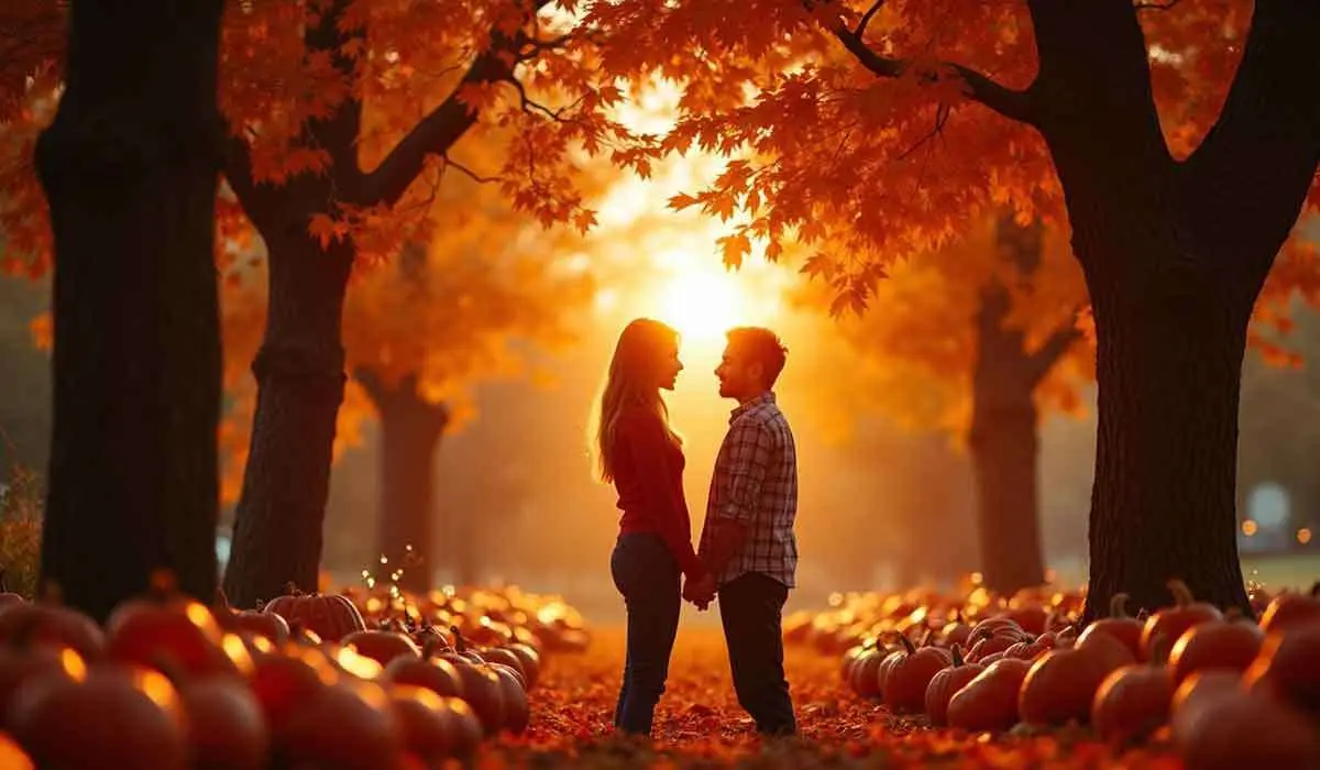 A couple stands facing each other, holding hands, in a tree-lined path filled with pumpkins and autumn leaves at sunset.