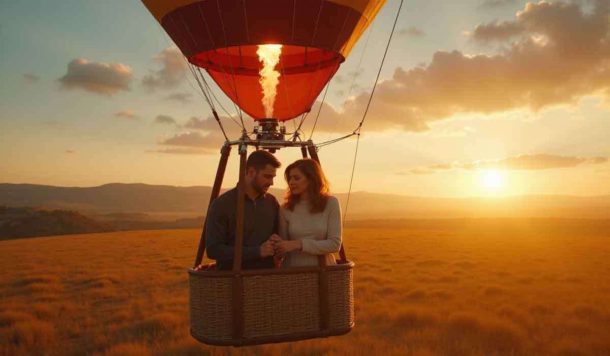 A man and a woman stand in a hot air balloon basket at sunset over a field, holding hands with flames visible above them.