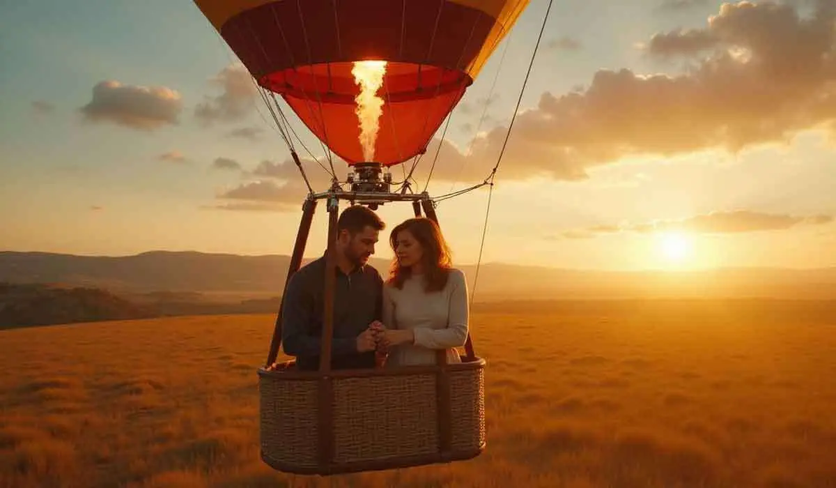 A man and a woman stand in a hot air balloon basket at sunset over a field, holding hands with flames visible above them.