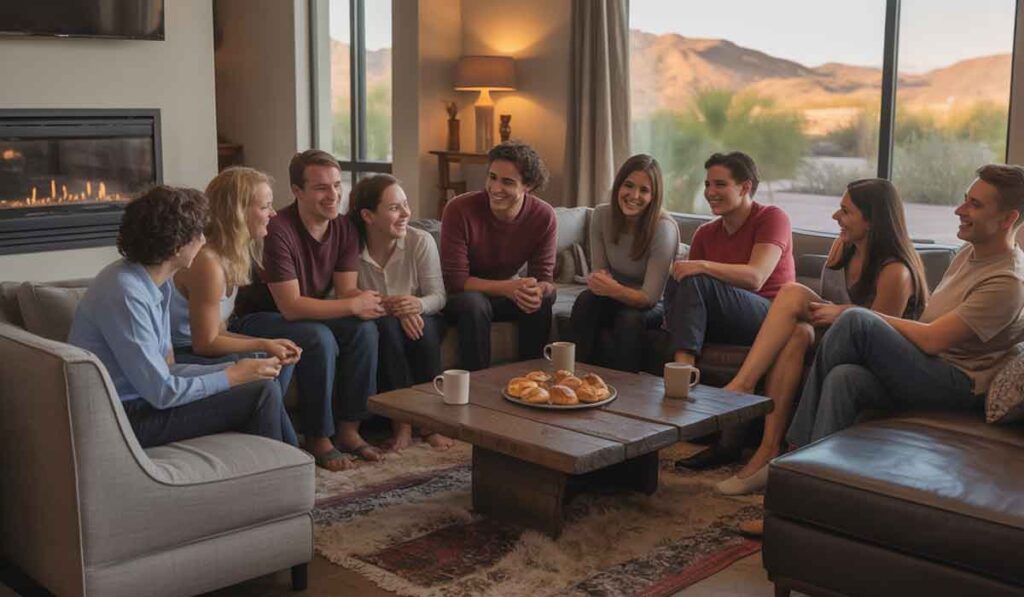 A group of nine people sit in a living room, talking and smiling around a wooden coffee table with pastries and mugs, with large windows showing a mountain view.