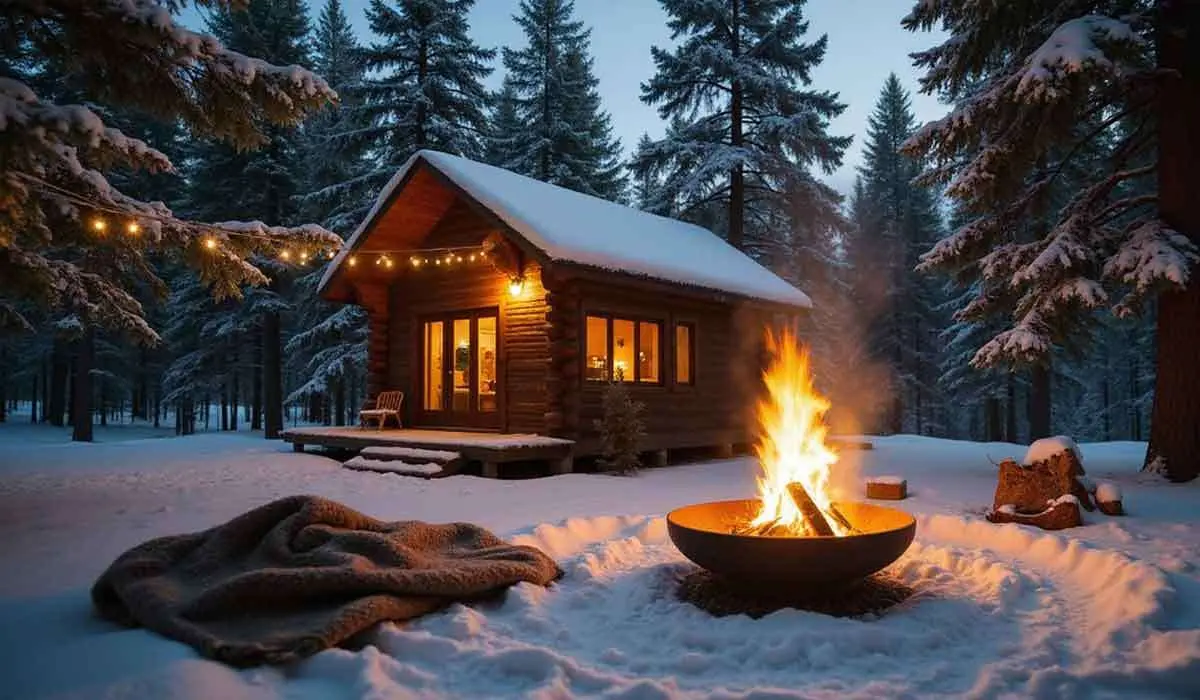 A log cabin with lit windows and string lights stands in a snowy forest at dusk, with a fire pit and blanket in the foreground.