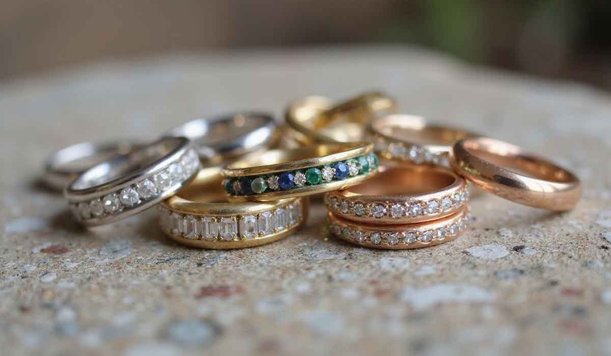 A group of assorted gold, silver, and rose gold rings is arranged on a rough stone surface; some rings are plain, others are set with diamonds or colored gemstones.