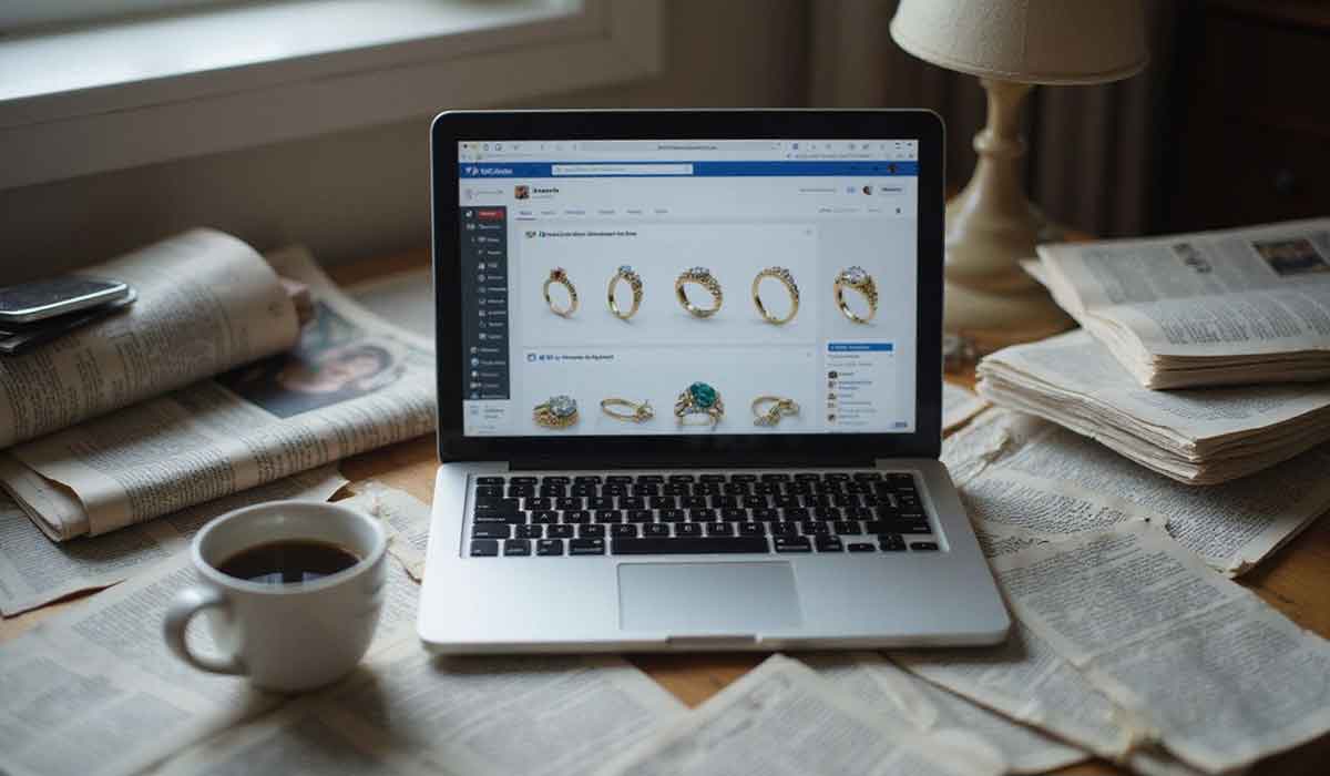 A laptop displaying a jewelry website is on a table with scattered newspapers, a coffee cup, and a lamp in the background.