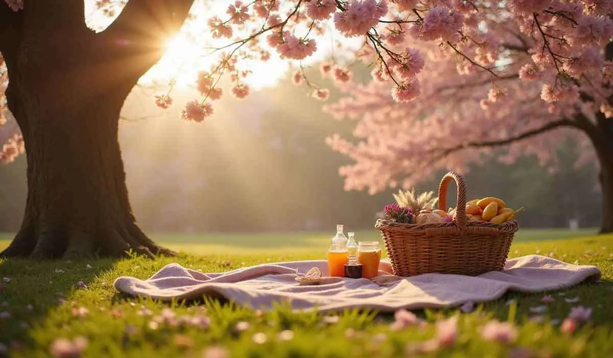 A picnic blanket with a basket, drinks, and fruit is set under blooming cherry trees with sunlight streaming through the branches.
