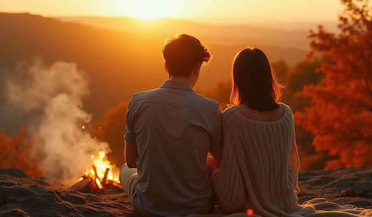 Two people sit together on a rocky hilltop, facing a sunset with a campfire burning nearby and autumn trees in the background.