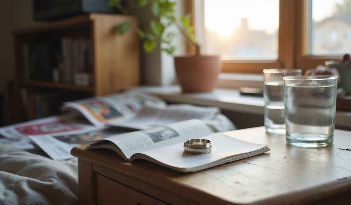 Two clear glasses of water, a metal ring on an open book, and scattered magazines on a wooden table near a sunlit window with a potted plant.