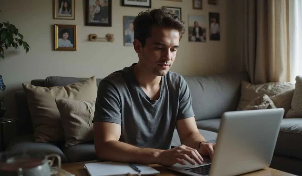 A man sits at a table using a laptop, with a notebook and pen beside him. Family photos decorate the wall behind in a cozy living room setting.
