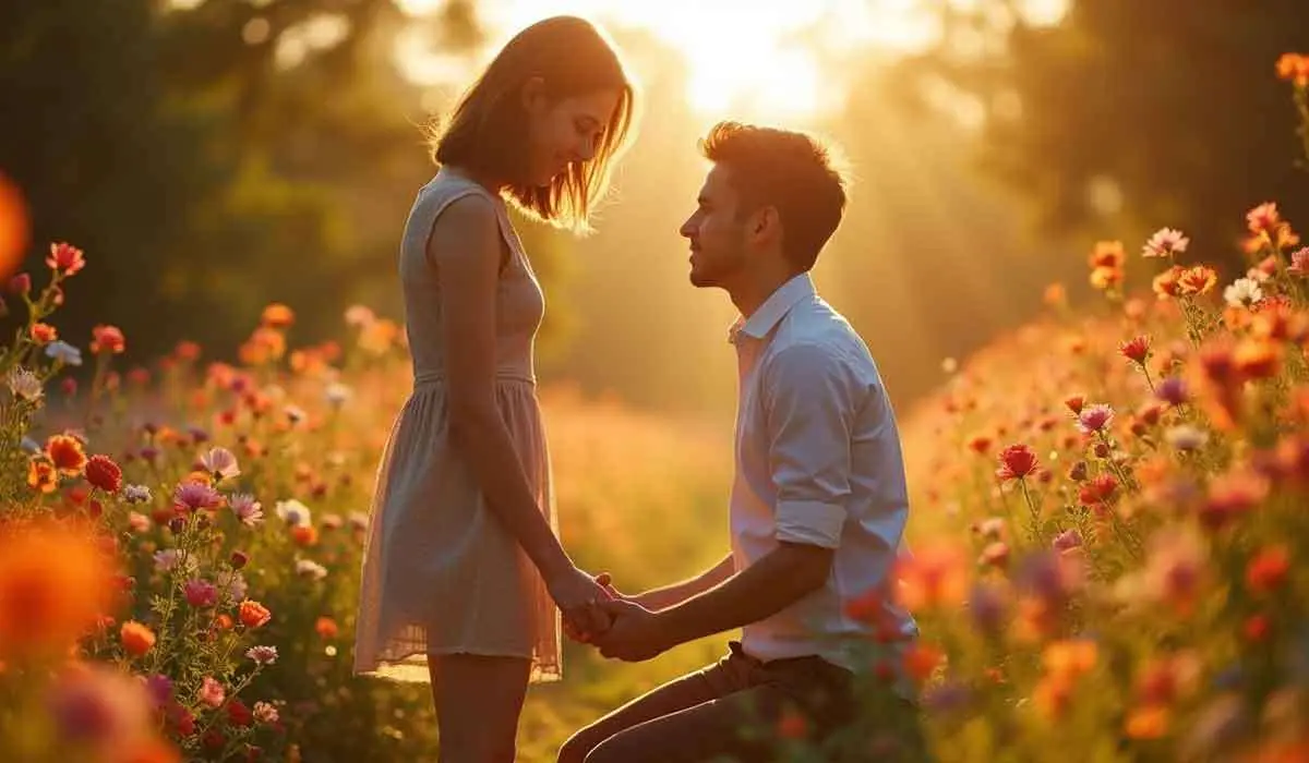 A man kneels holding a woman's hands in a flower field at sunset, both gazing at each other.