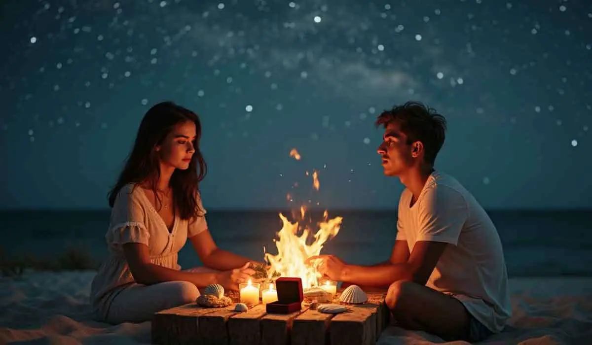 A man and woman sit across from each other by a campfire on a beach at night, with candles, seashells, and a ring box in front of them under a starry sky.