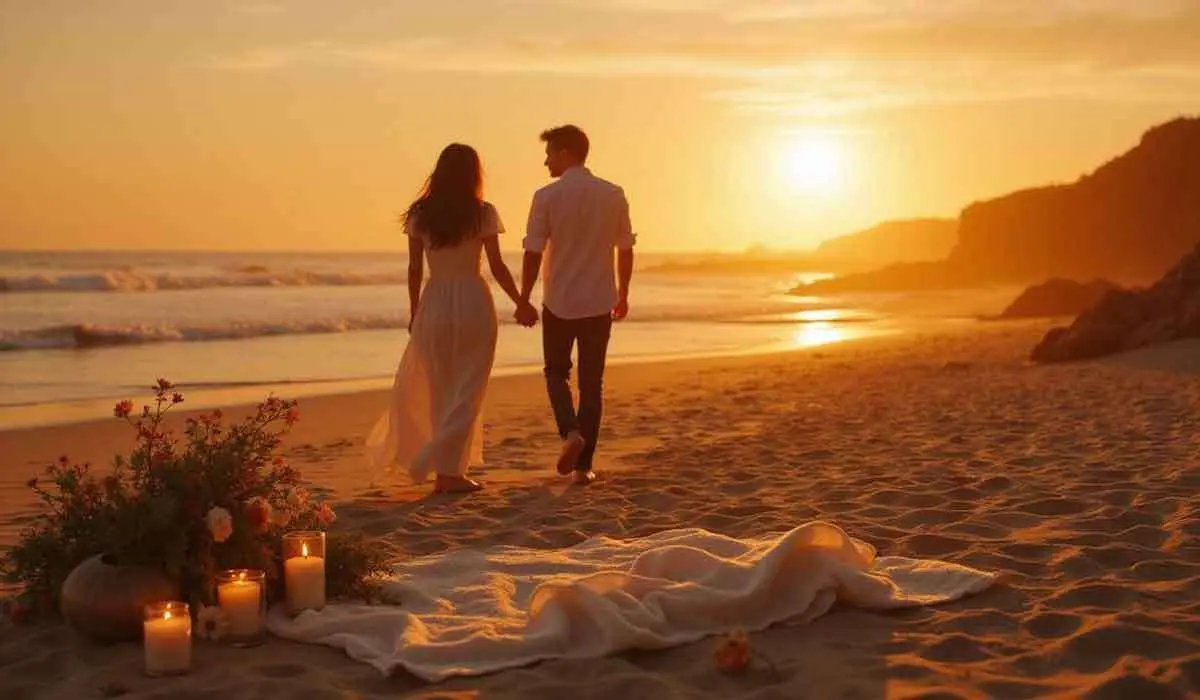 A couple walks hand in hand on a sandy beach at sunset, with candles, flowers, and a blanket arranged nearby.