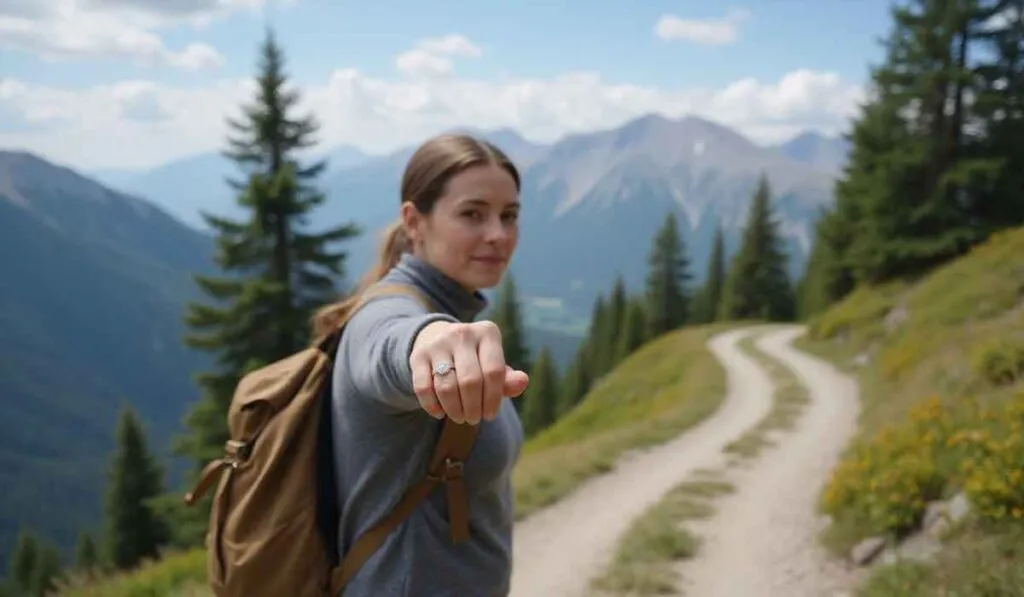 Woman with a backpack stands on a mountain trail, extending her hand toward the camera, showing a ring, with trees and mountains in the background.