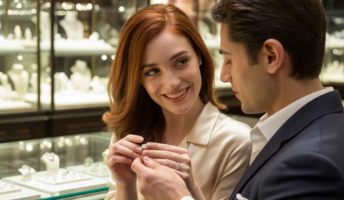 A woman and a man look at each other while she holds a ring inside a jewelry store. Display cases with jewelry are visible in the background.