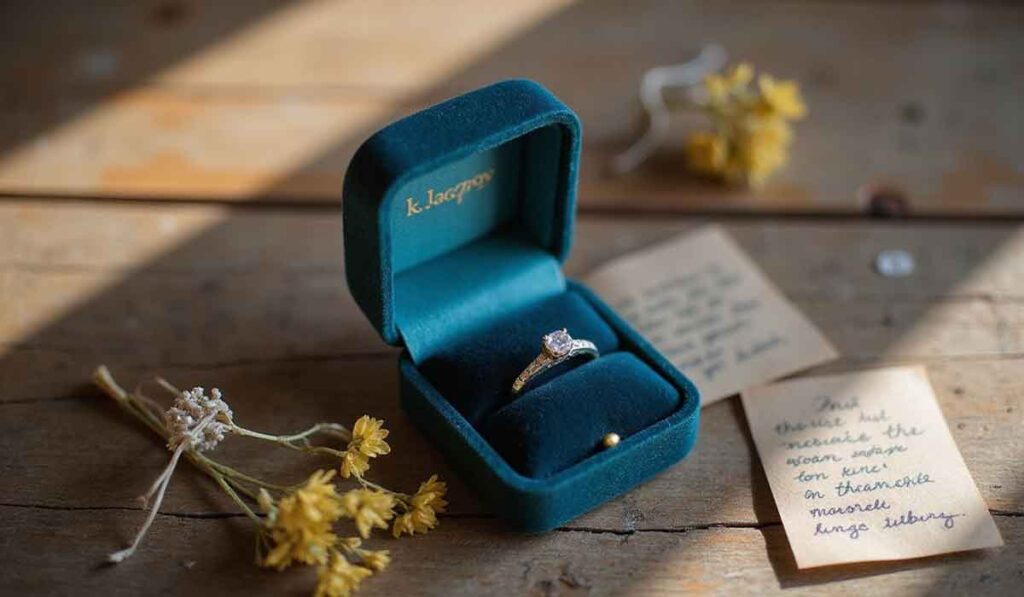 A gold ring with a diamond in a blue velvet box sits on a wooden table with dried flowers and handwritten notes nearby.