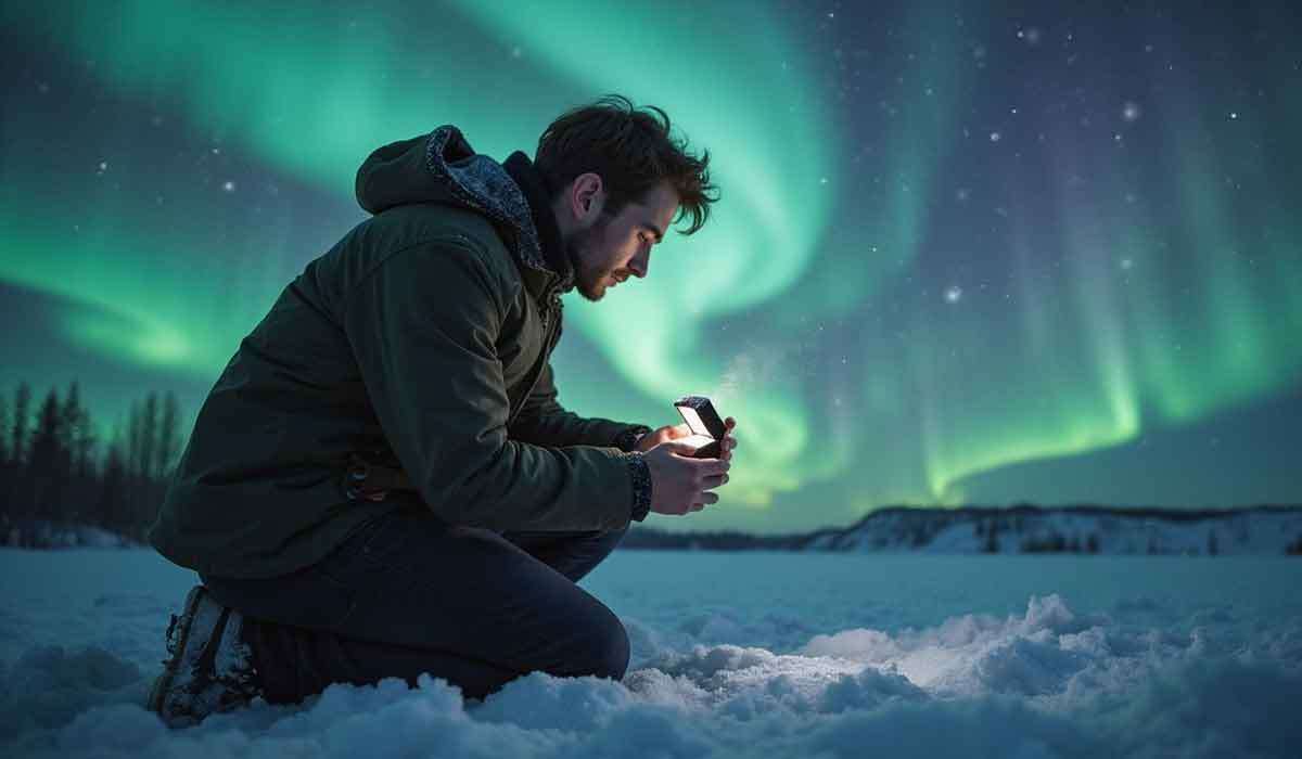 A man kneels in the snow, looking at his phone, with green aurora borealis lights and stars visible in the night sky above.
