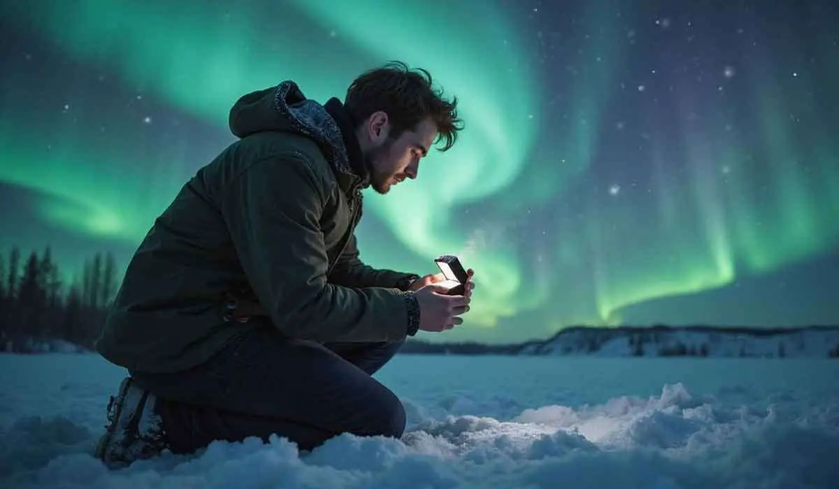 A man kneels in the snow, looking at his phone, with green aurora borealis lights and stars visible in the night sky above.