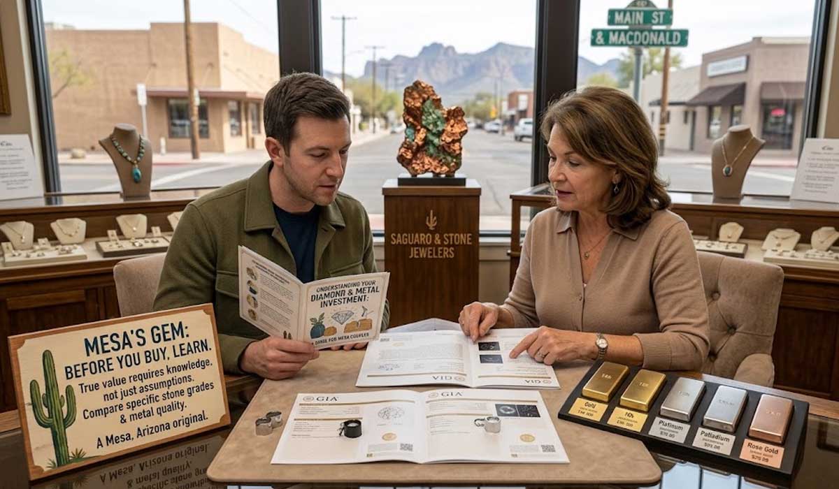 A man and woman sit at a jewelry store counter reviewing brochures and gold bars, with jewelry displays and a sign about gems visible in the background.