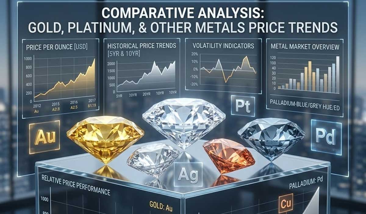 Charts comparing price trends for gold, platinum, silver, and palladium are shown above labeled gems representing Au, Ag, Pt, and Pd.