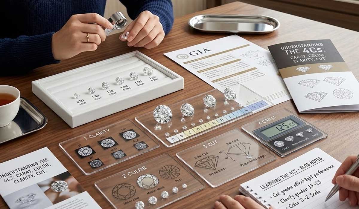 Two people examine diamonds and grading materials on a table, including diamond samples, a magnifier, a scale, diagrams, and printed guides on diamond quality and the 4Cs.