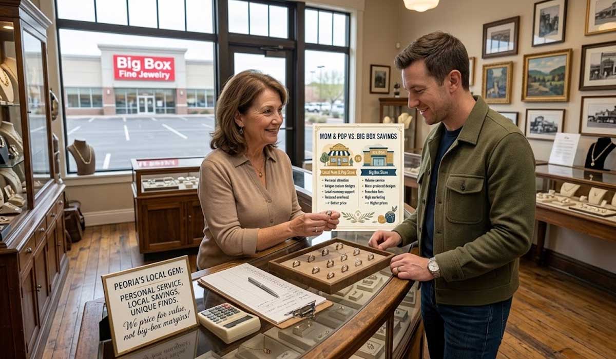 A woman helps a man choose rings in a jewelry store. They stand by a counter with a display and a sign comparing local and big box savings. A big box store is visible through the window.