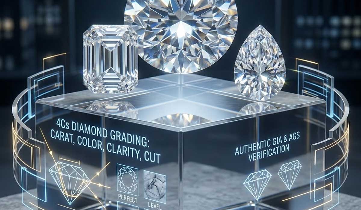 Three cut diamonds rest on a glass pedestal displaying digital graphics about 4Cs diamond grading and authentication, with icons and text describing carat, color, clarity, and cut.
