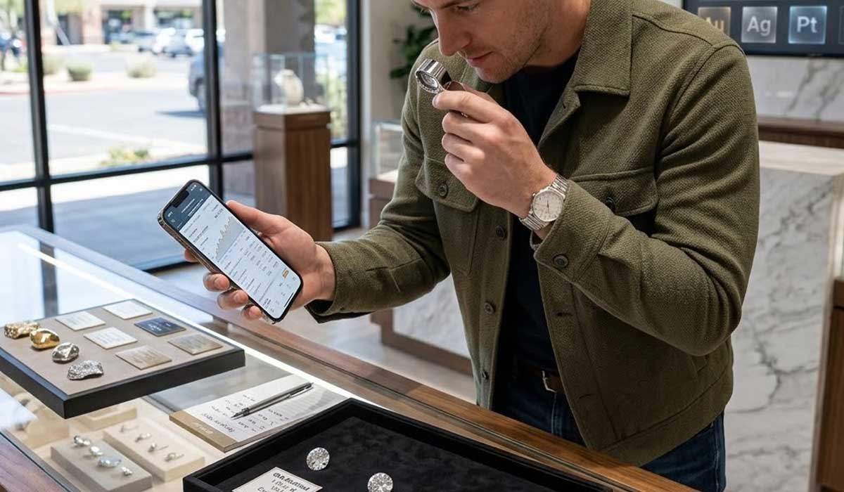 A person examines a gemstone with a loupe while holding a smartphone, standing at a jewelry display counter in a store.
