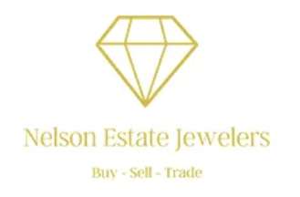 A yellow diamond outline above the text "Nelson Estate Jewelers" with "Buy - Sell - Trade" written below on a white background.