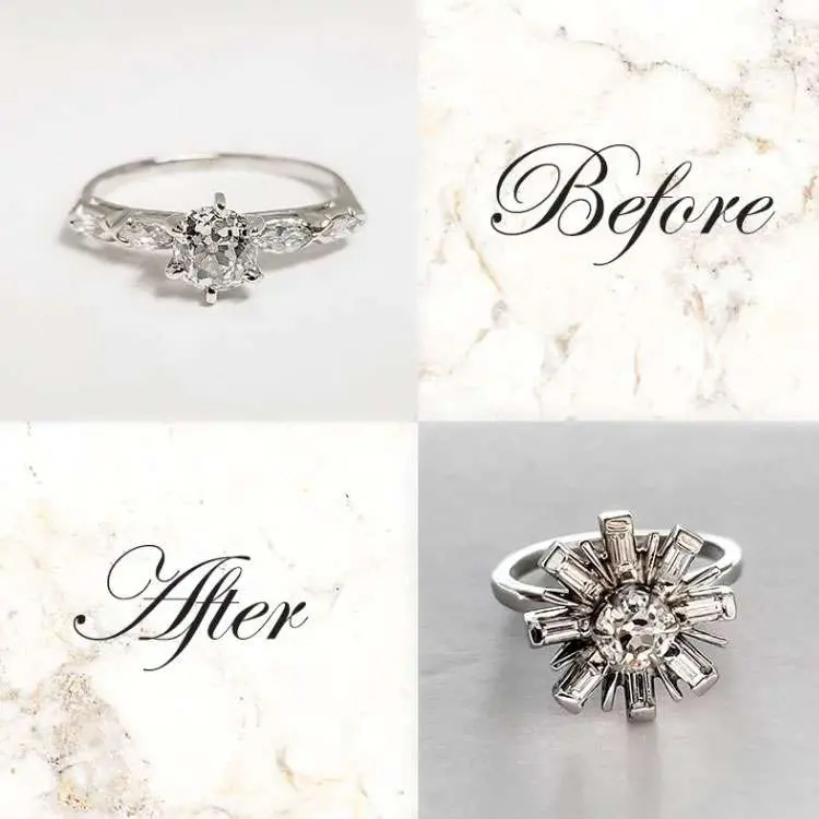 Two rings shown: the top left labeled "Before" with a simple diamond setting, the bottom right labeled "After" with an ornate, sunburst diamond design.