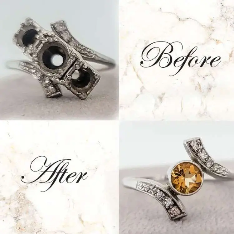 Split image showing a damaged ring labeled "Before" and a restored ring with a yellow gemstone labeled "After" on a marble background.