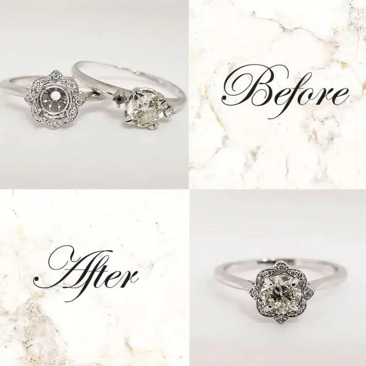 Before: Two separate rings, one with a round center stone and one with an oval stone. After: Single ring combining design elements from both, featuring a central oval stone.