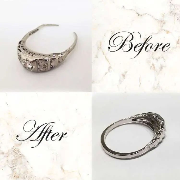 A broken silver ring with a missing section is shown in the "Before" image; in the "After" image, the ring appears fully repaired and restored.