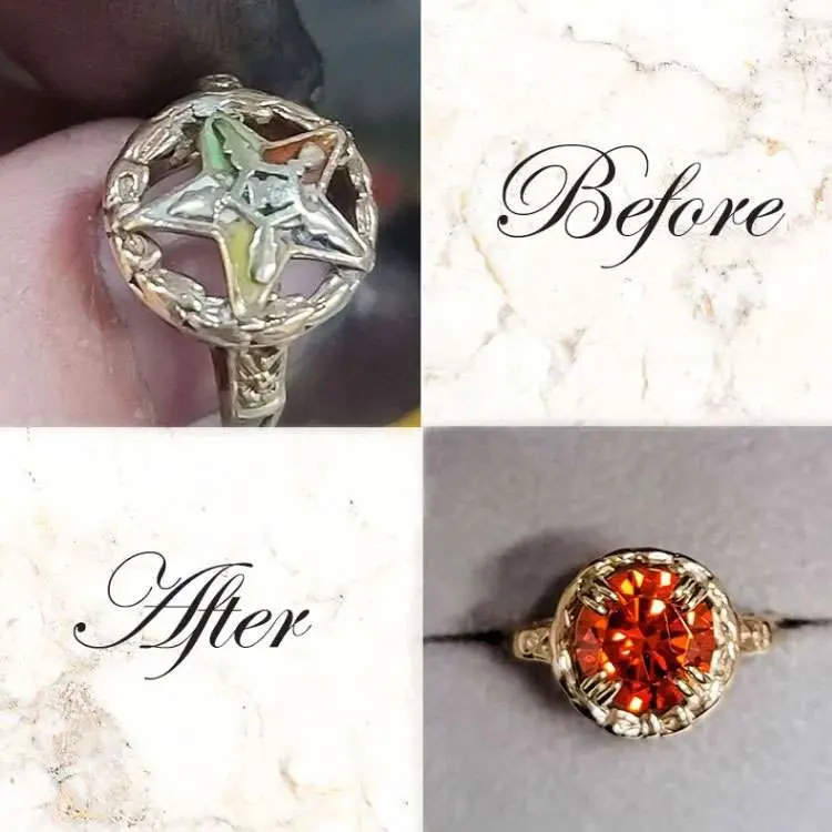 Side-by-side comparison of a ring: the "before" shows an empty star-shaped setting, while the "after" shows the ring set with an orange gemstone.