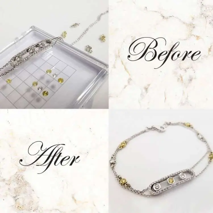 A bracelet is shown in "before" and "after" images; the "before" image shows loose yellow stones, and the "after" image shows them set in the bracelet.