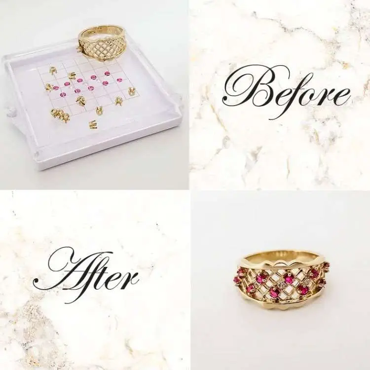 A gold ring is shown before with loose gemstones and after with the gemstones set into the ring, labeled "Before" and "After" on a marble background.
