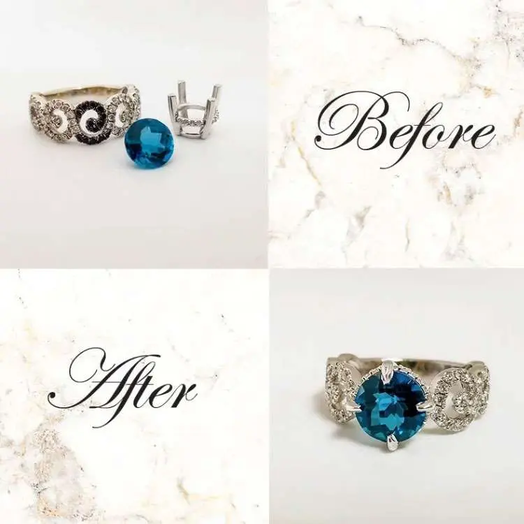 A disassembled ring and blue gemstone labeled "Before," and the completed ring with the gemstone set in labeled "After.