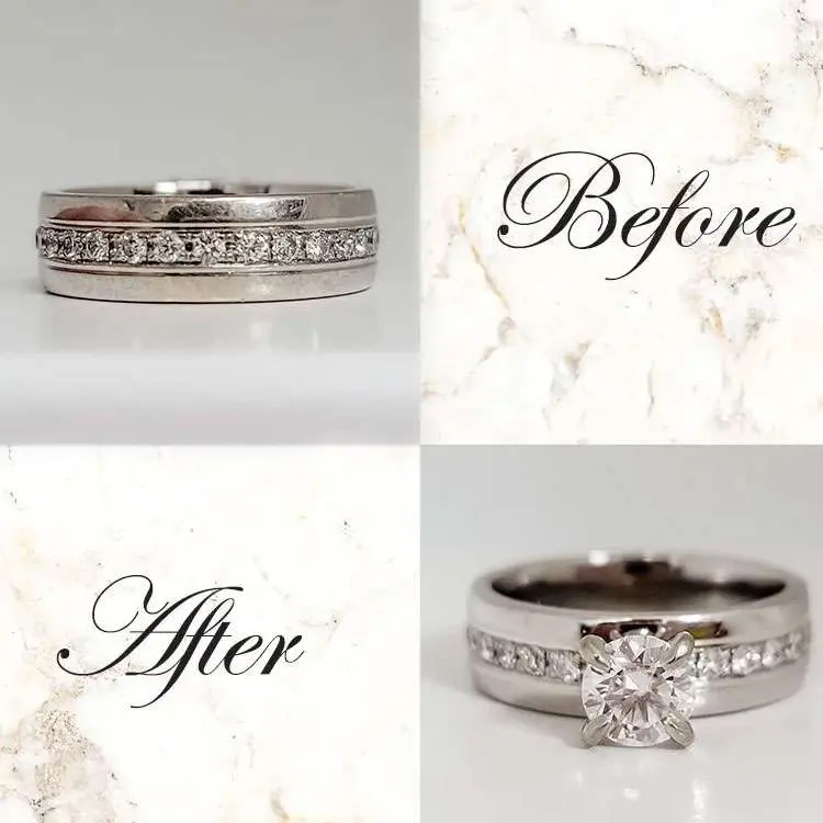 Comparison of a diamond ring before and after modification; the "after" version features a large center diamond added to the original band with side stones.