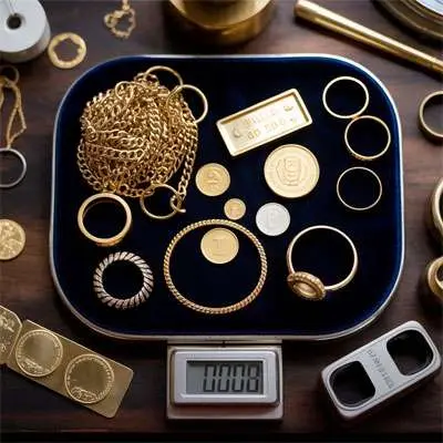 A collection of gold jewelry, coins, and bars displayed on a velvet tray, surrounded by a digital scale and magnifying tool on a wooden surface.
