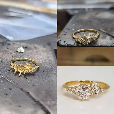 Three stages of a gold diamond ring: initial gold band with settings, partially set stones, and completed ring with diamonds.