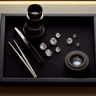 A tray with tweezers, a magnifying loupe, and several cut diamonds arranged neatly on a dark surface.