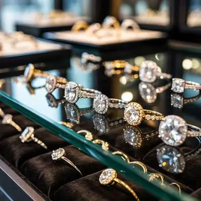 Display case with multiple diamond rings set in gold and platinum bands, arranged on black velvet inside a jewelry store.