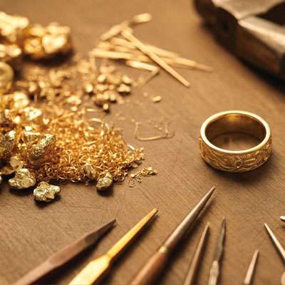 Gold nuggets, gold shavings, a decorative gold ring, metalworking tools, and a hammer are arranged on a wooden surface.